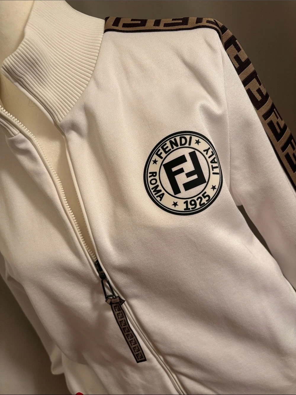 Fendi White Track Joggers with Brown Logo Tape